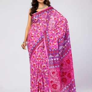 Pink Appliqued and Embroidered Cotton Saree