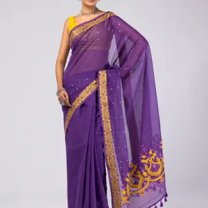 Purple Appliqued and Embroidered Cotton Saree